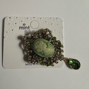 New MINT Cameo brooch with gem dangle- greens
